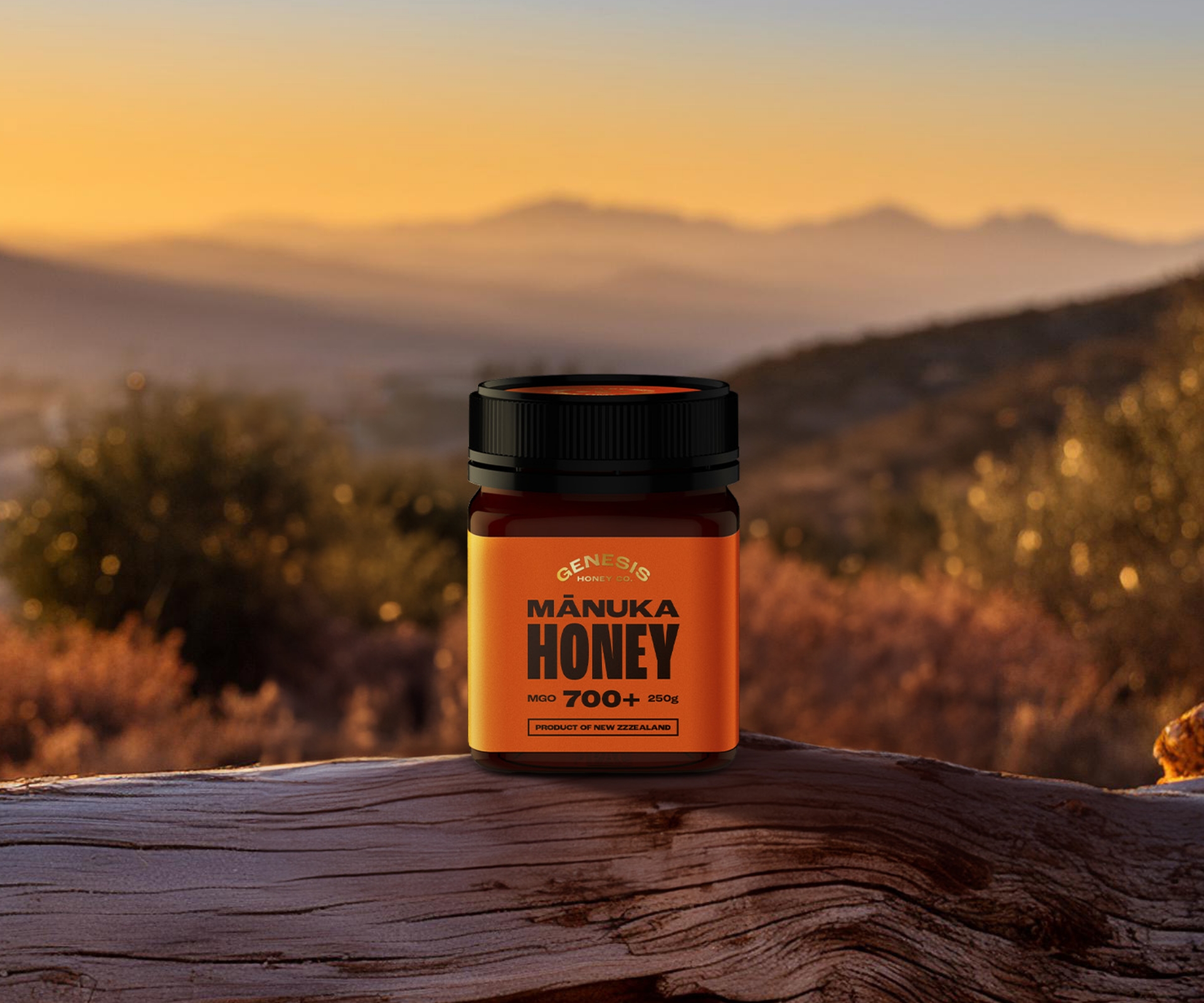 Genesis Honey Co. MGO 700+ mānuka honey jar on driftwood at sunset